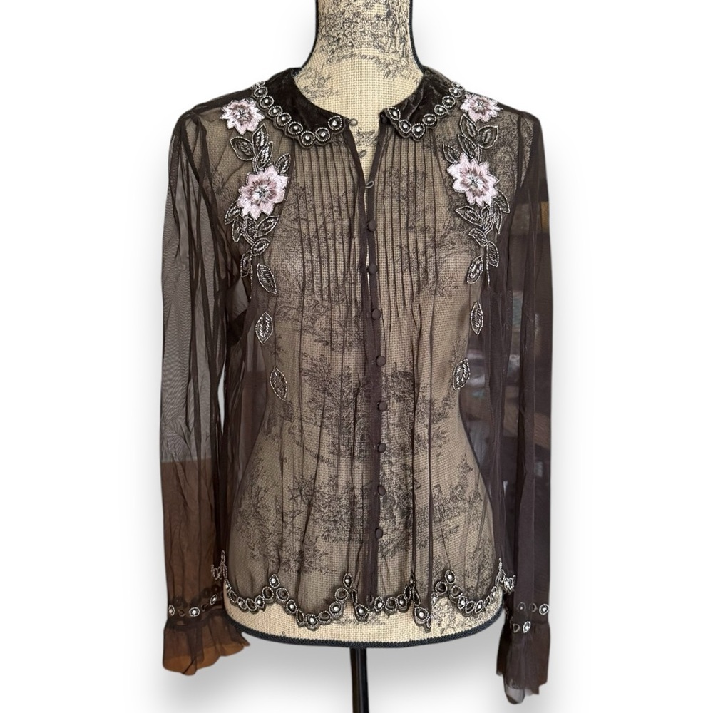 French Connection Alyssa Dark Brown Embroidered & Beaded Sheer Blouse Size 8